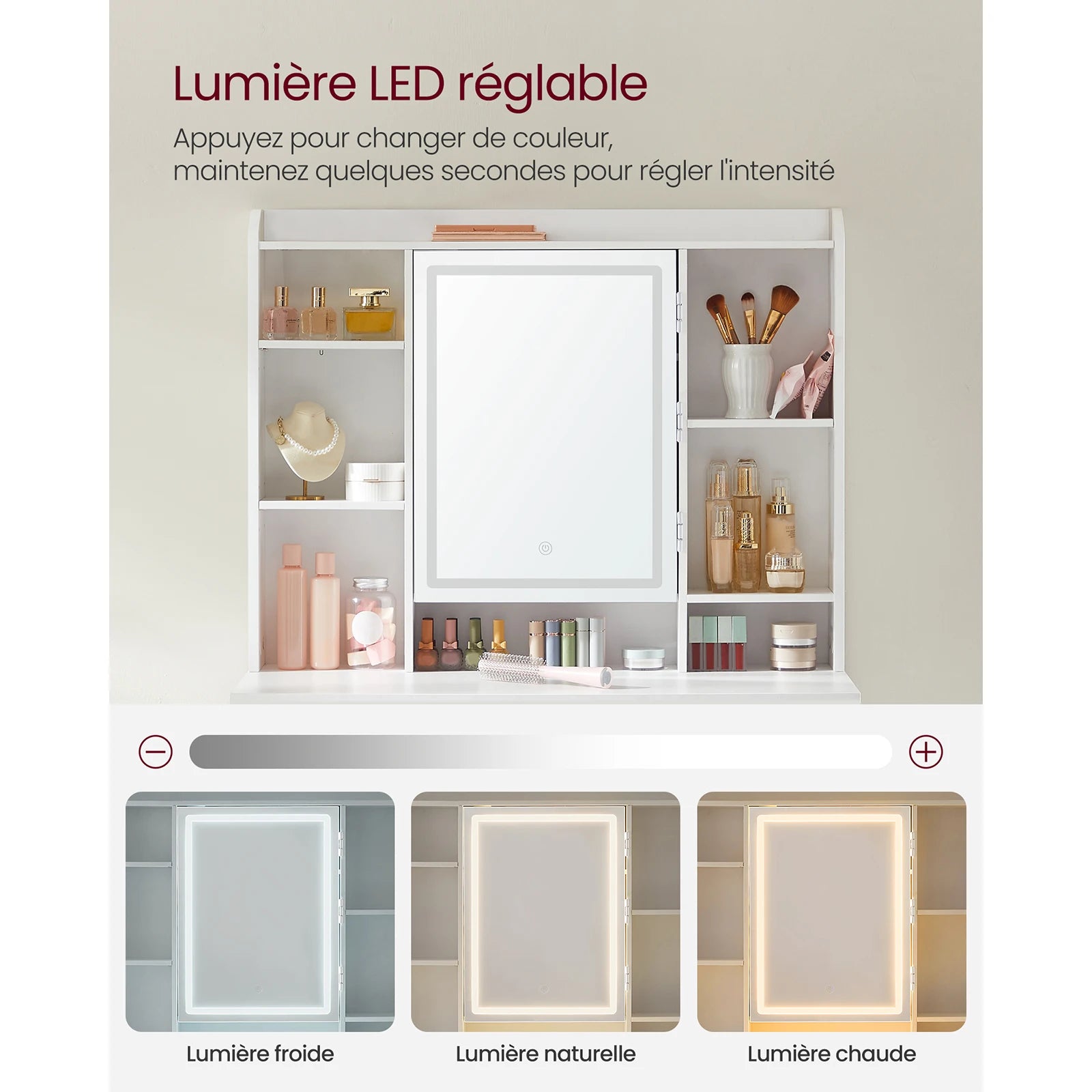 Coiffeuse blanche miroir LED rotatif