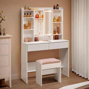 Coiffeuse blanche miroir LED rotatif