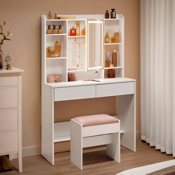 Coiffeuse blanche miroir LED rotatif