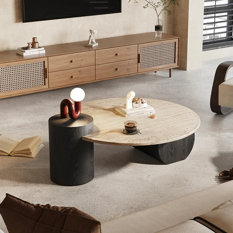 Table basse ronde travertin bois design