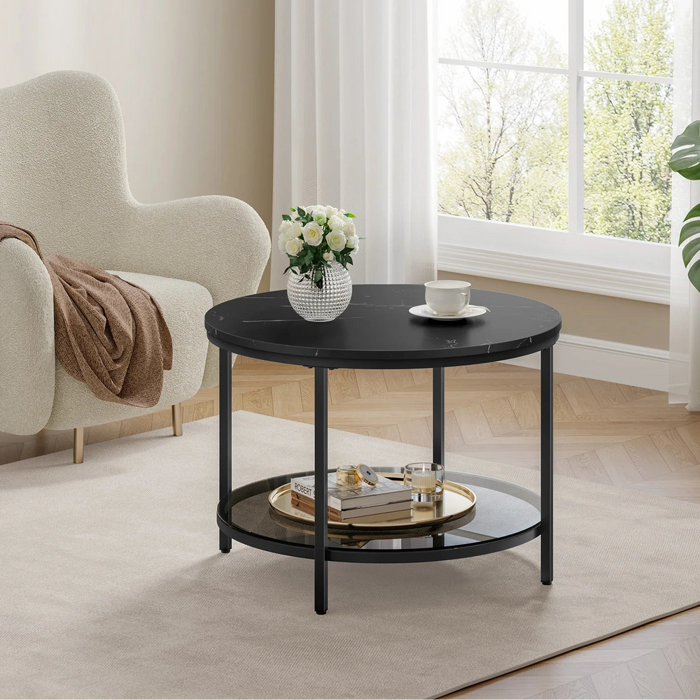 Table basse ronde noire marbrée