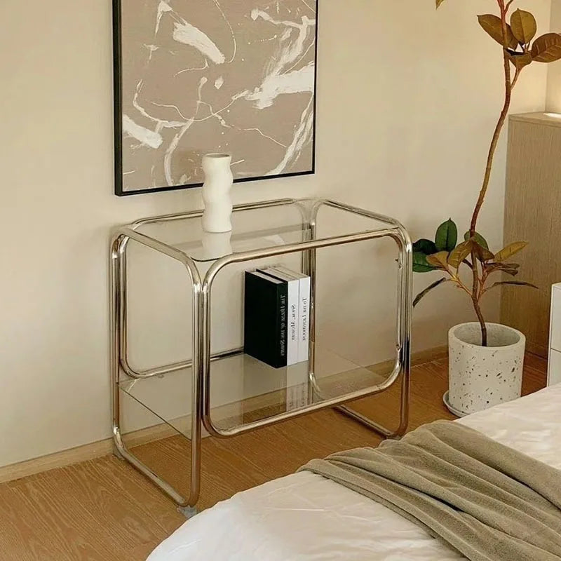Table de chevet acier inox et verre