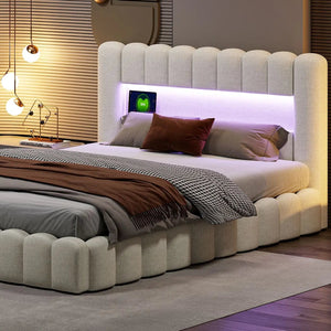 Lit double capitonné beige avec LED et rangement