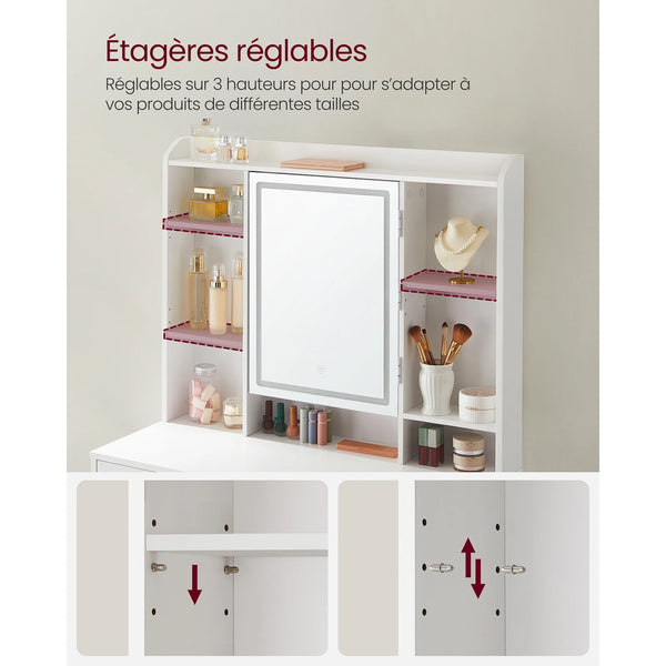 Coiffeuse blanche miroir LED rotatif