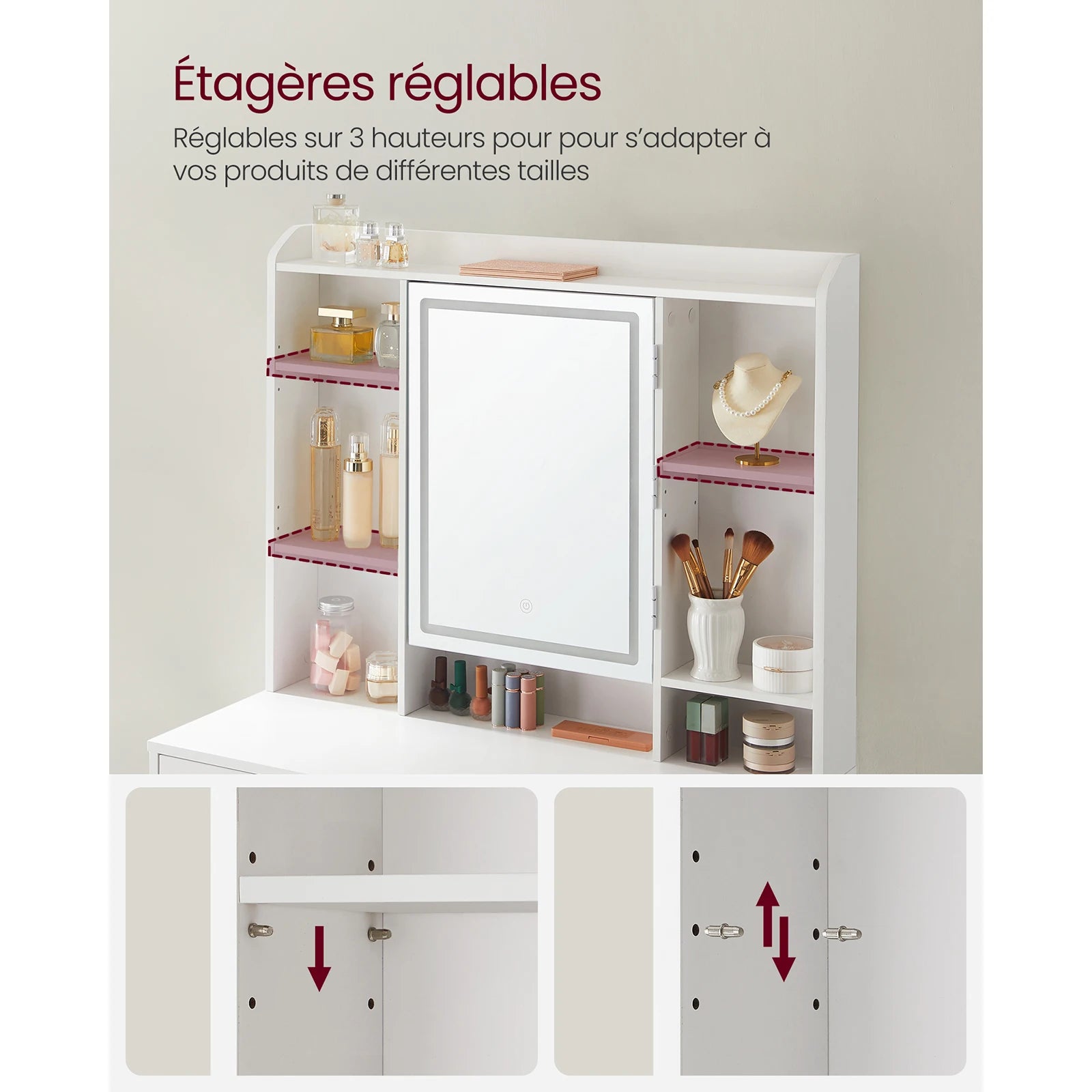 Coiffeuse blanche miroir LED rotatif