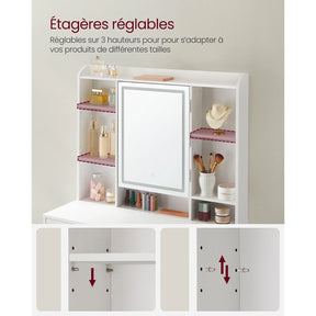 Coiffeuse blanche miroir LED rotatif