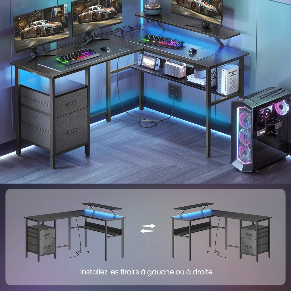 Bureau d’angle noir design LED