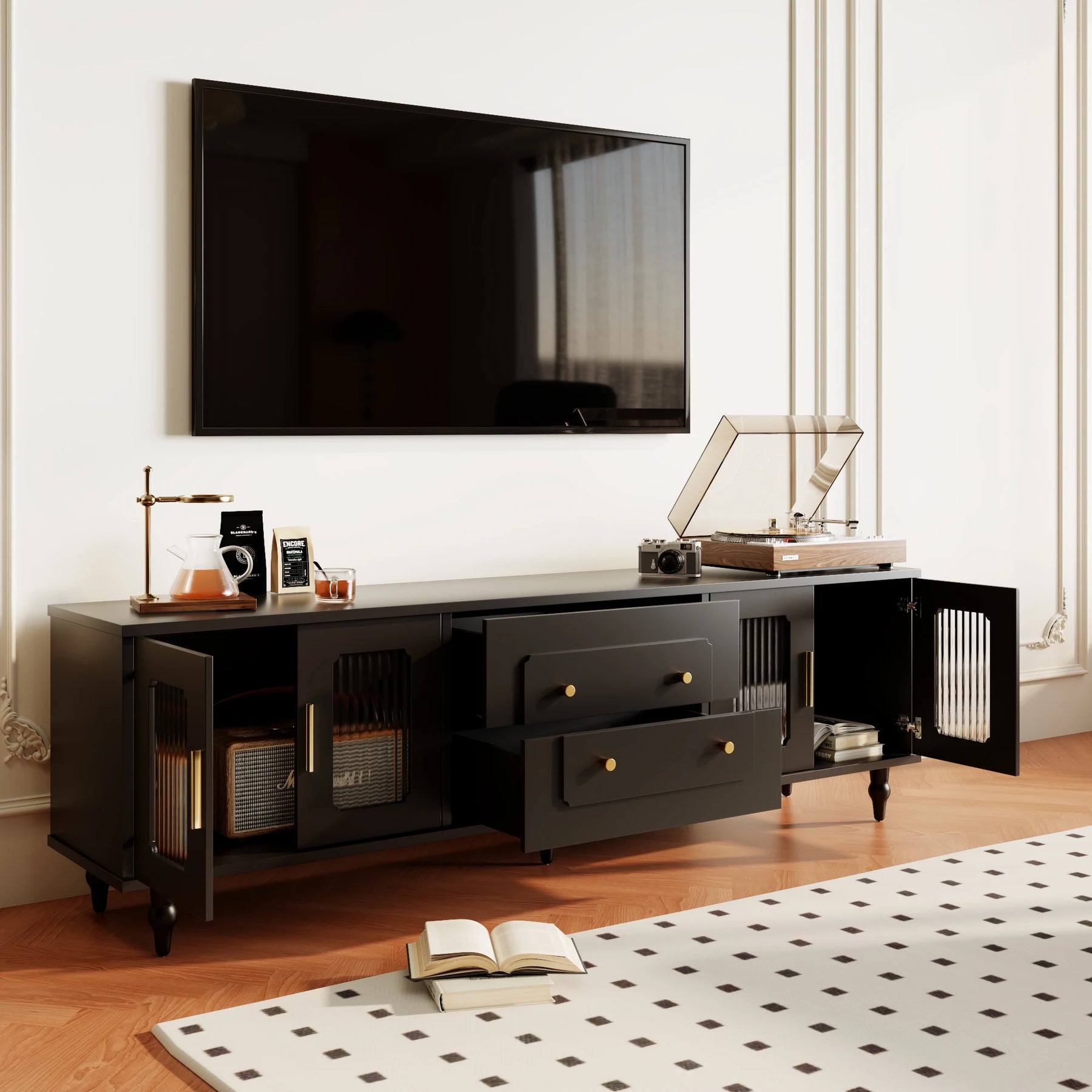 Meuble TV noir rétro avec verre rainuré