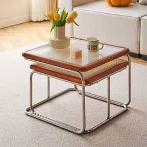 Table basse carrée rotin verre