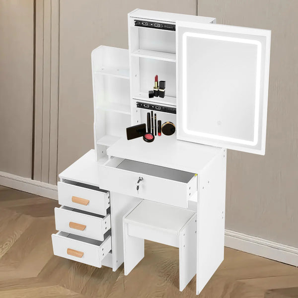 Coiffeuse blanche LED miroir coulissant