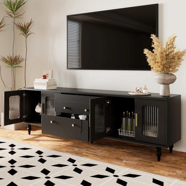 Meuble TV noir rétro avec verre rainuré