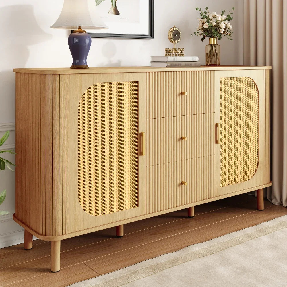 Buffet moderne bois et rotin avec pieds métal
