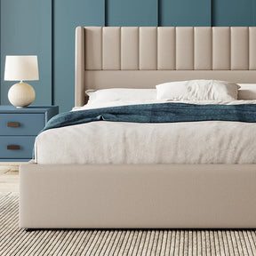 Lit double hydraulique en lin beige 180x200 cm