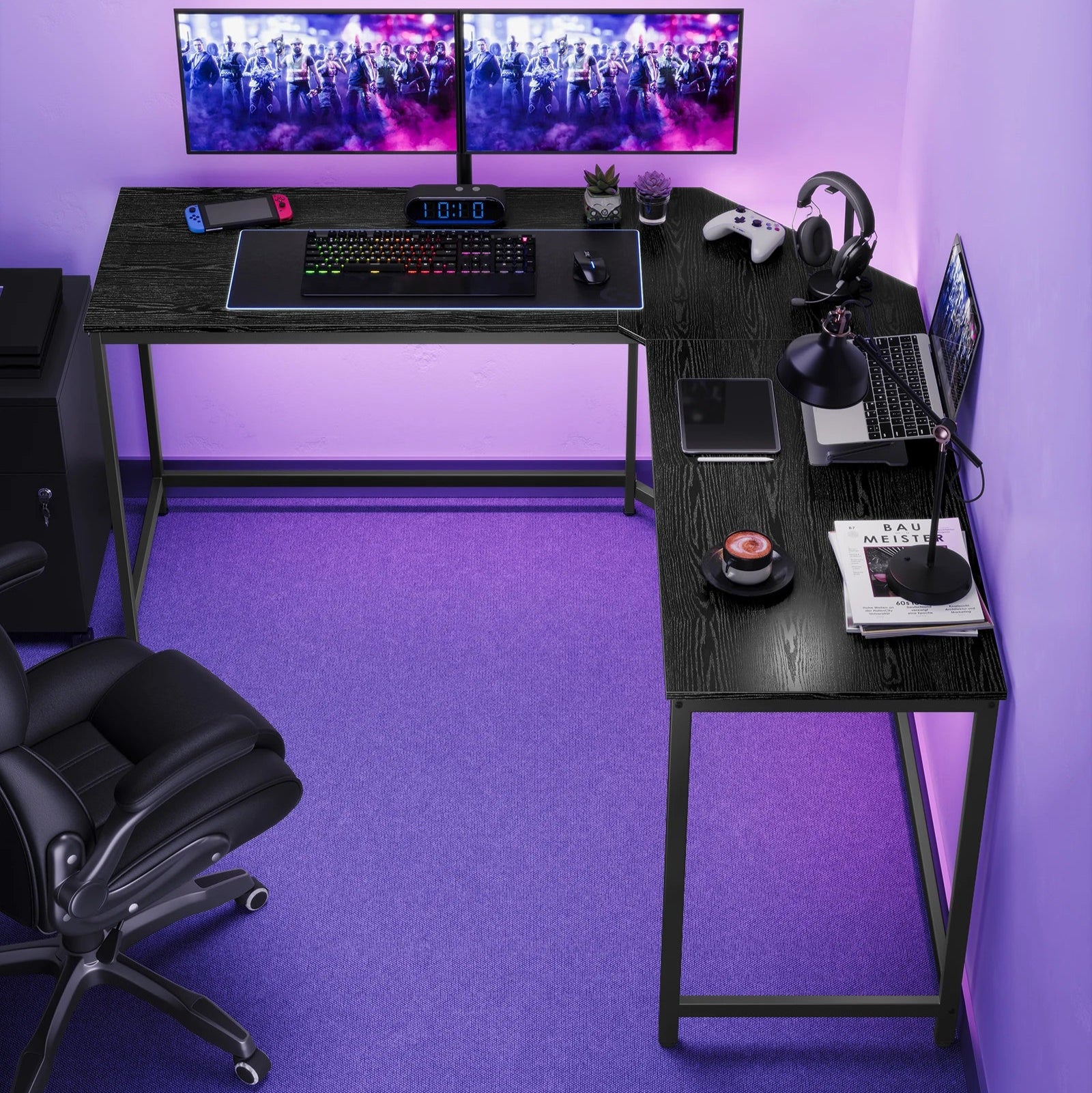 Bureau d’angle noir industriel compact