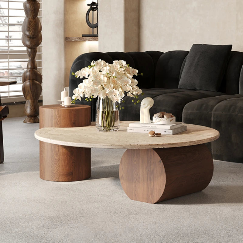 Table basse ronde travertin bois design