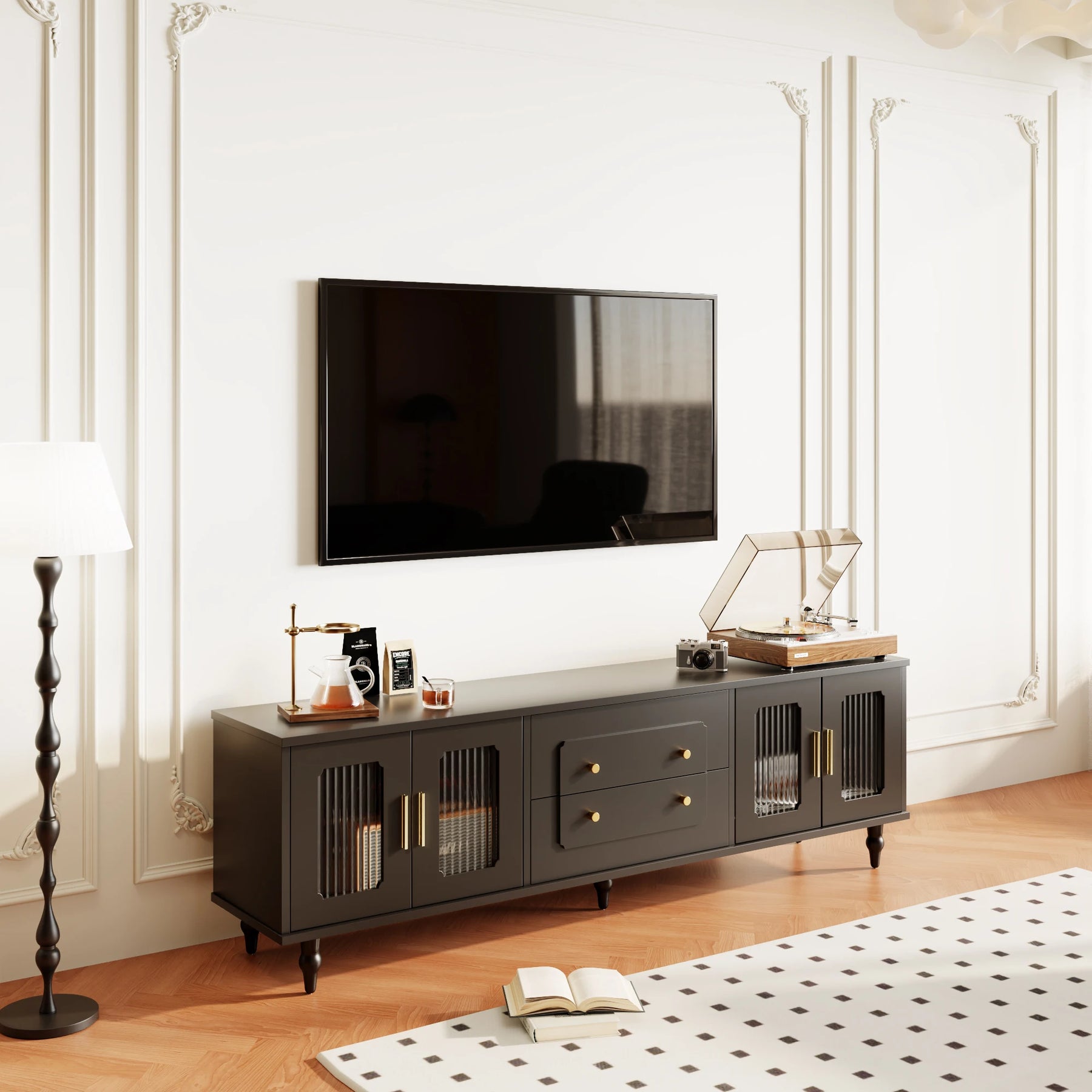 Meuble TV noir rétro avec verre rainuré