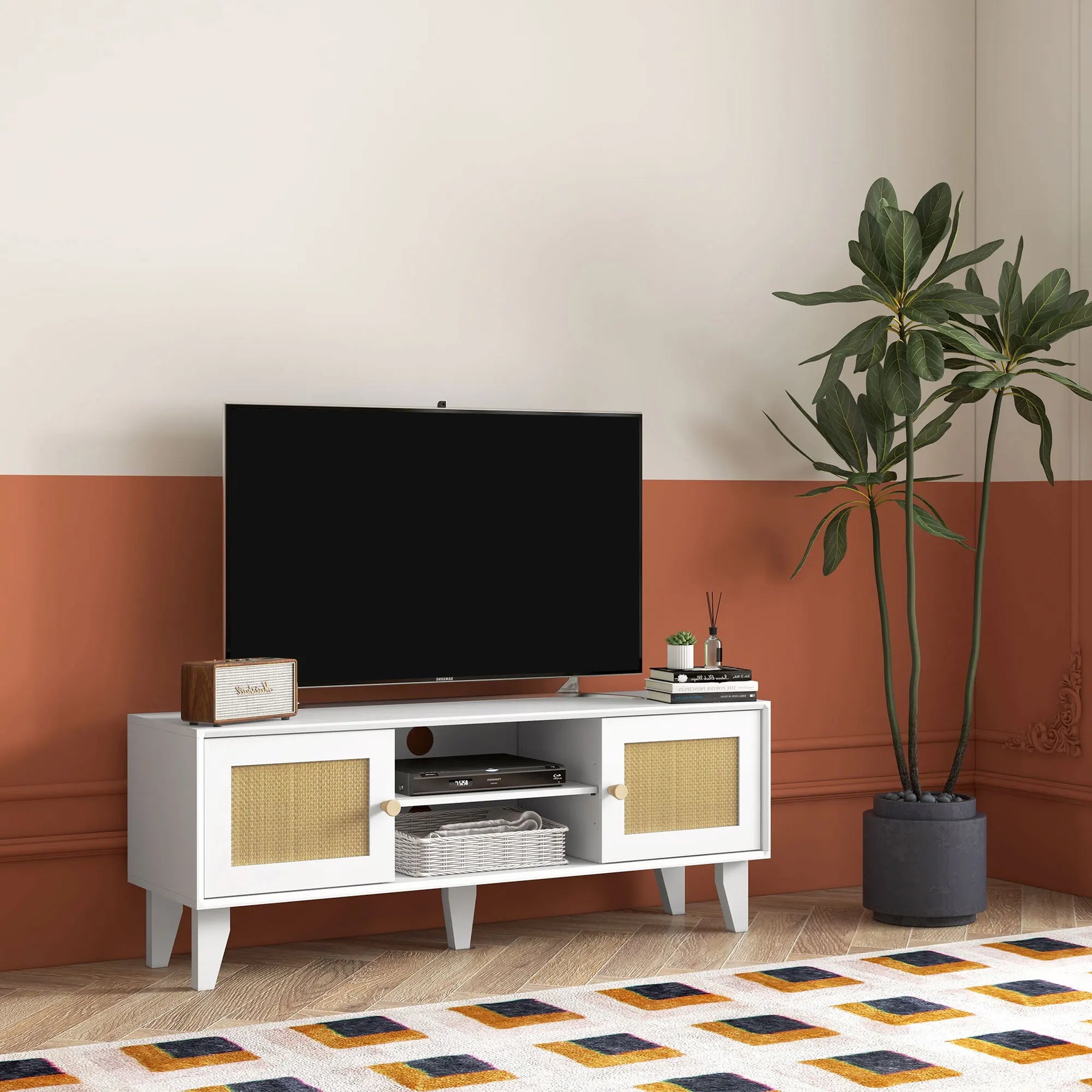 Meuble TV blanc cannage design