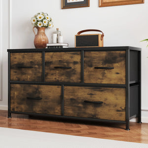Commode 5 tiroirs tissu et bois
