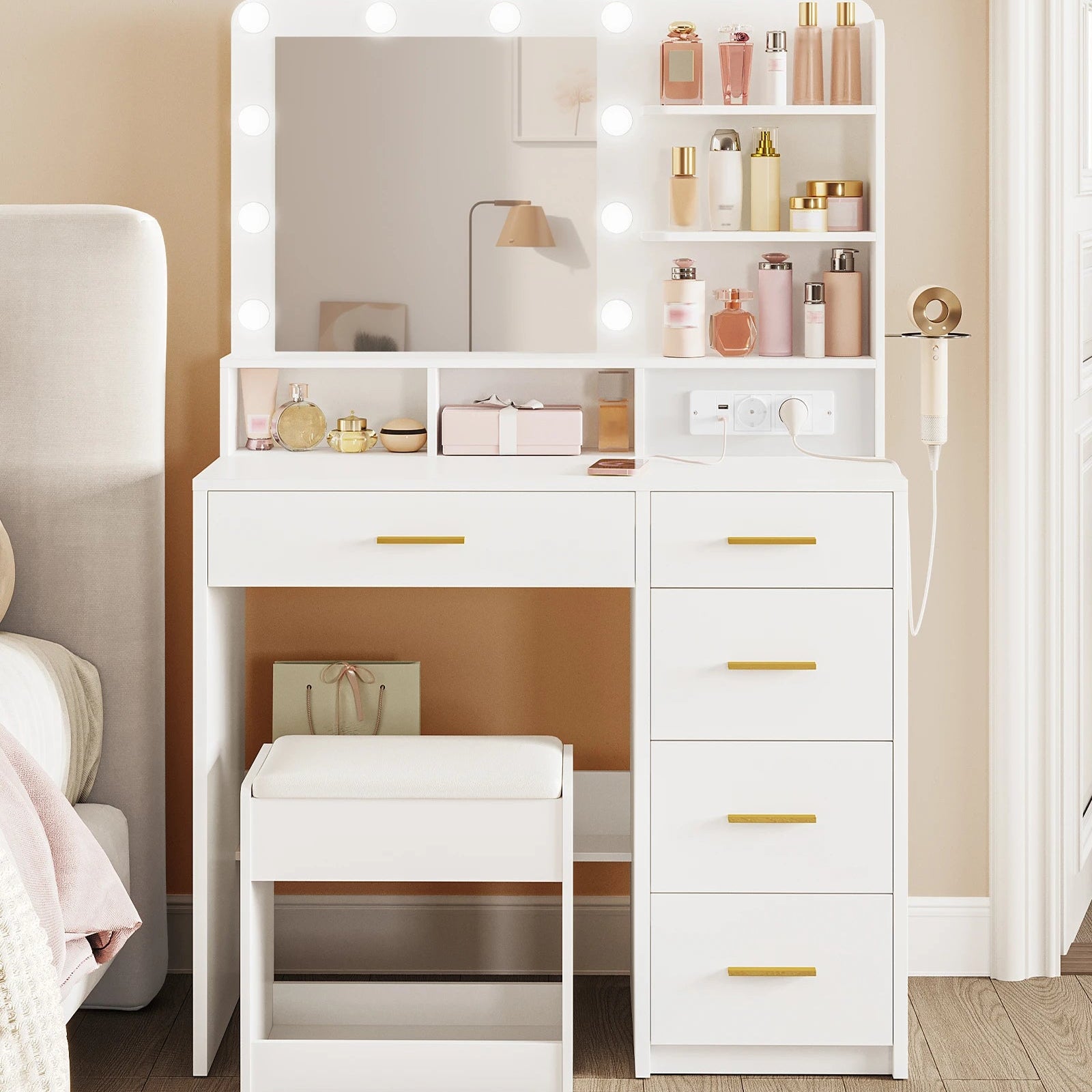 Coiffeuse blanche LED tiroirs design