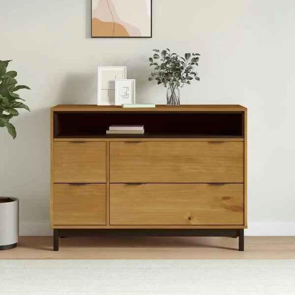 Commode en pin massif noir et bois