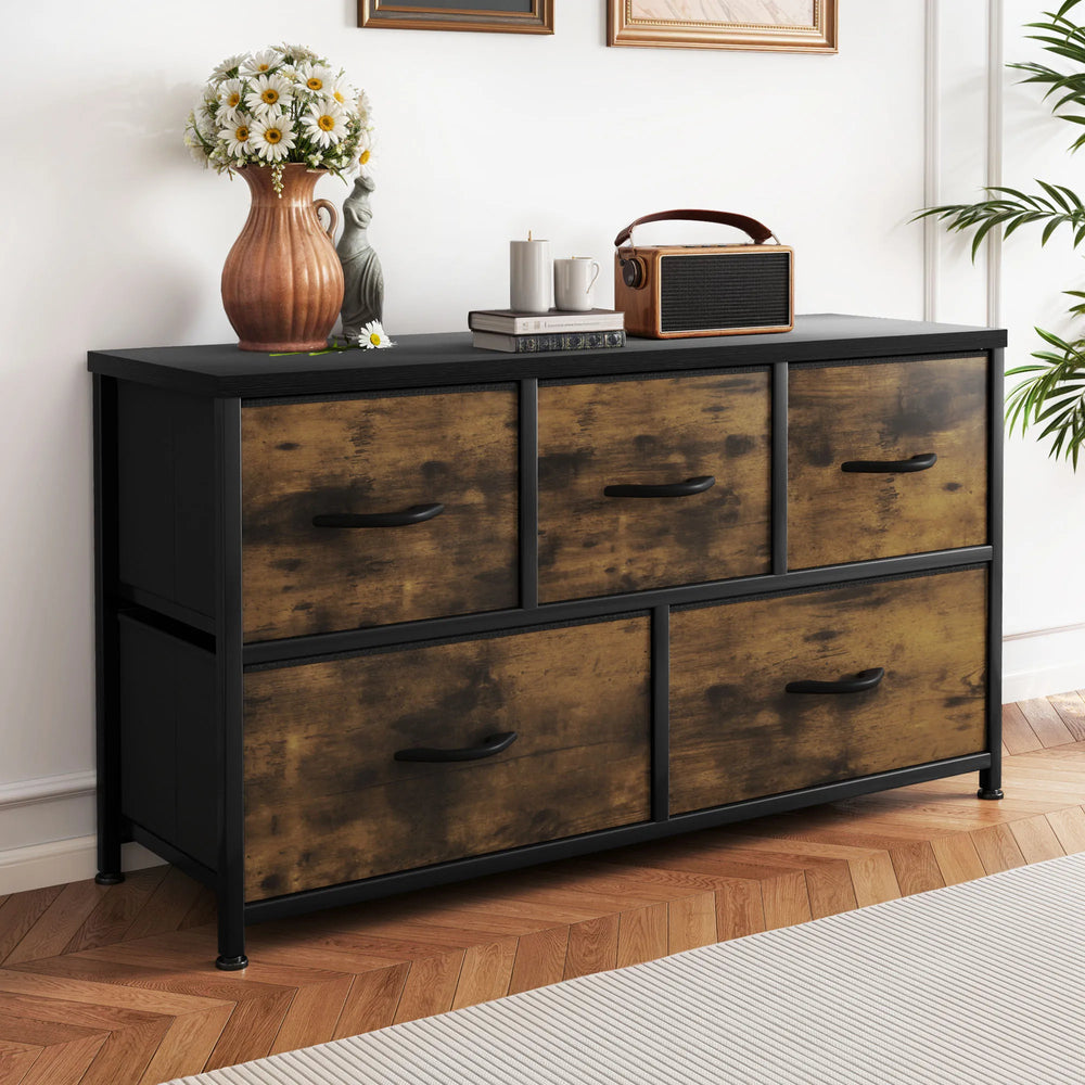 Commode 5 tiroirs tissu et bois