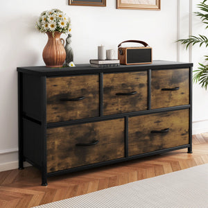 Commode 5 tiroirs tissu et bois