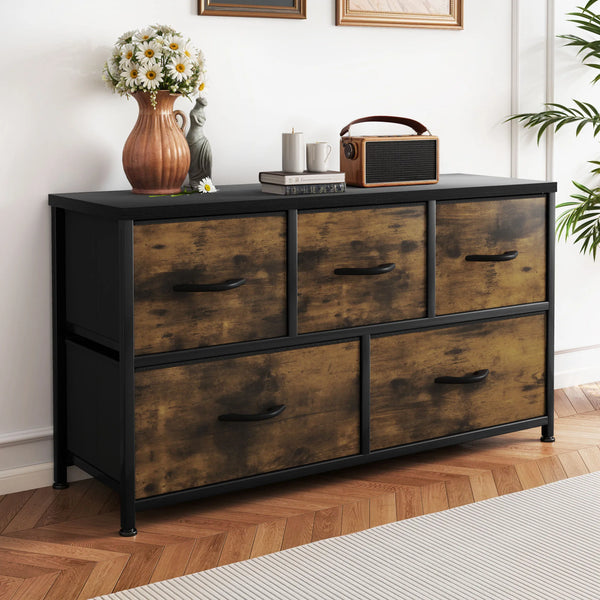 Commode 5 tiroirs tissu et bois