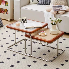 Table basse carrée rotin verre