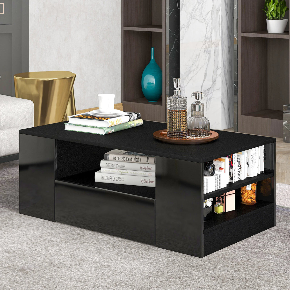 Table basse moderne noire avec tiroirs