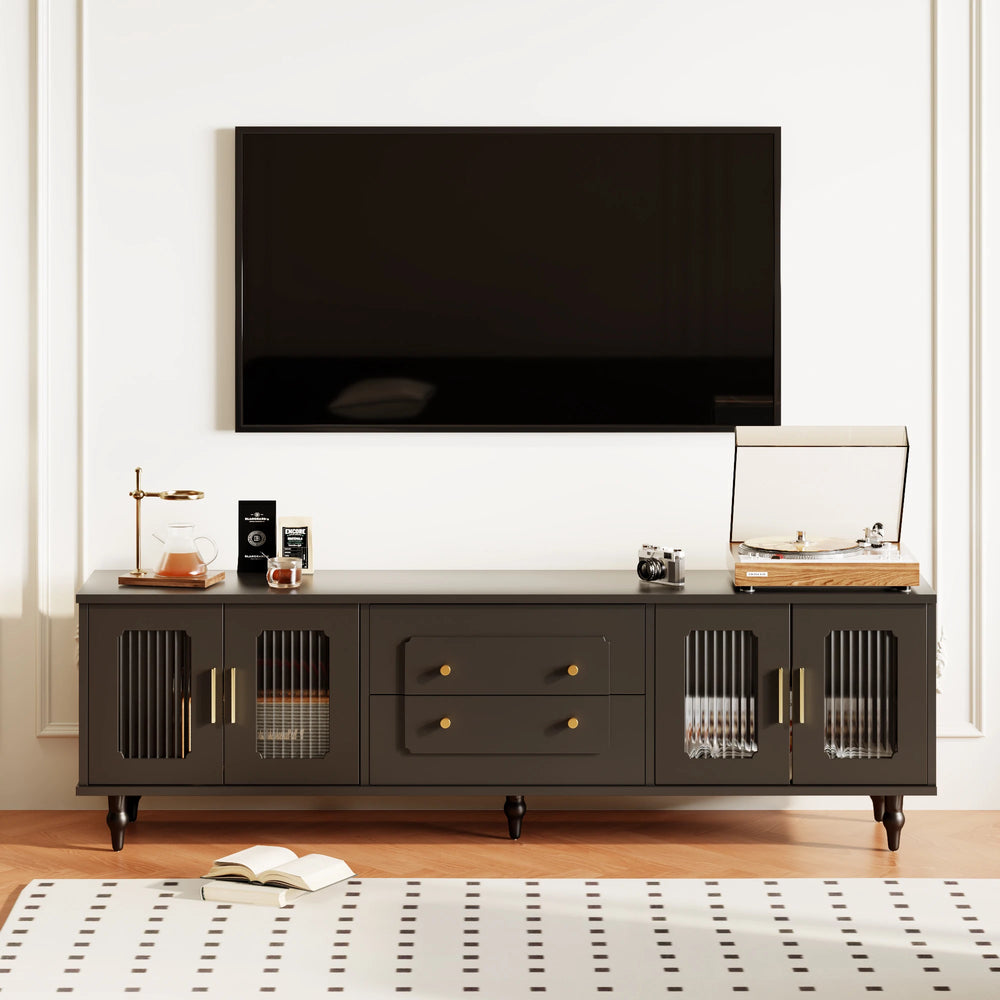 Meuble TV noir rétro avec verre rainuré