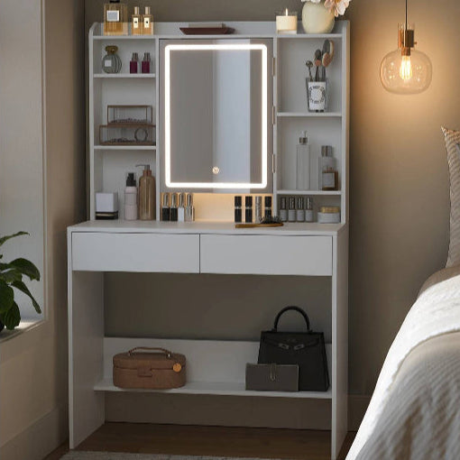 Coiffeuse blanche miroir LED rotatif