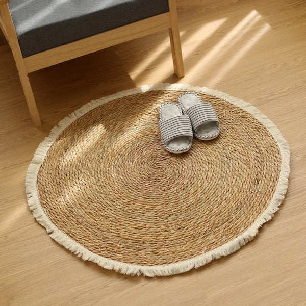 Tapis rond jute naturel frangé