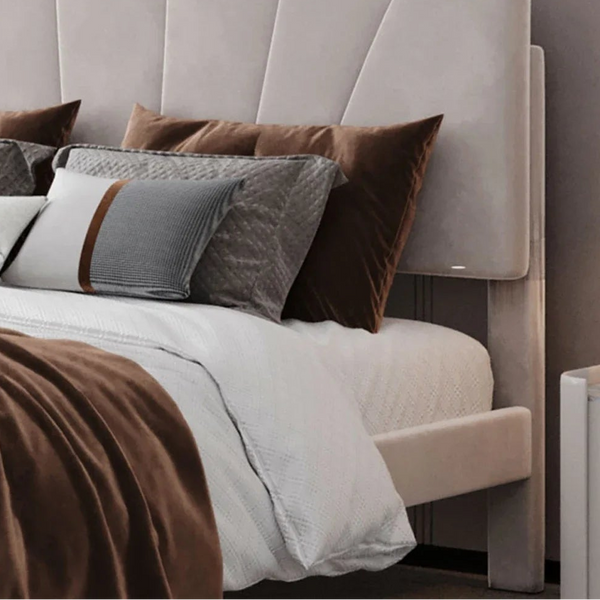 Lit double moderne en velours beige 140x200 cm avec tiroir de rangement