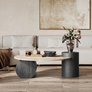 Table basse ronde travertin bois design