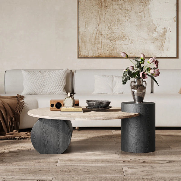 Table basse ronde travertin bois design