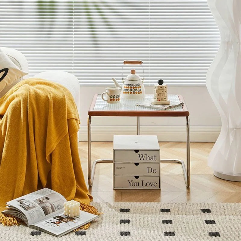 Table basse carrée rotin verre