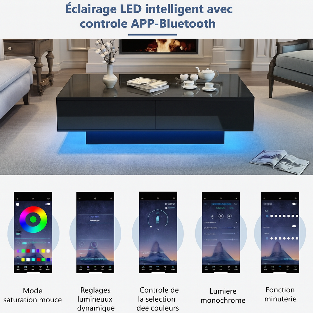 Table basse noire laquée LED