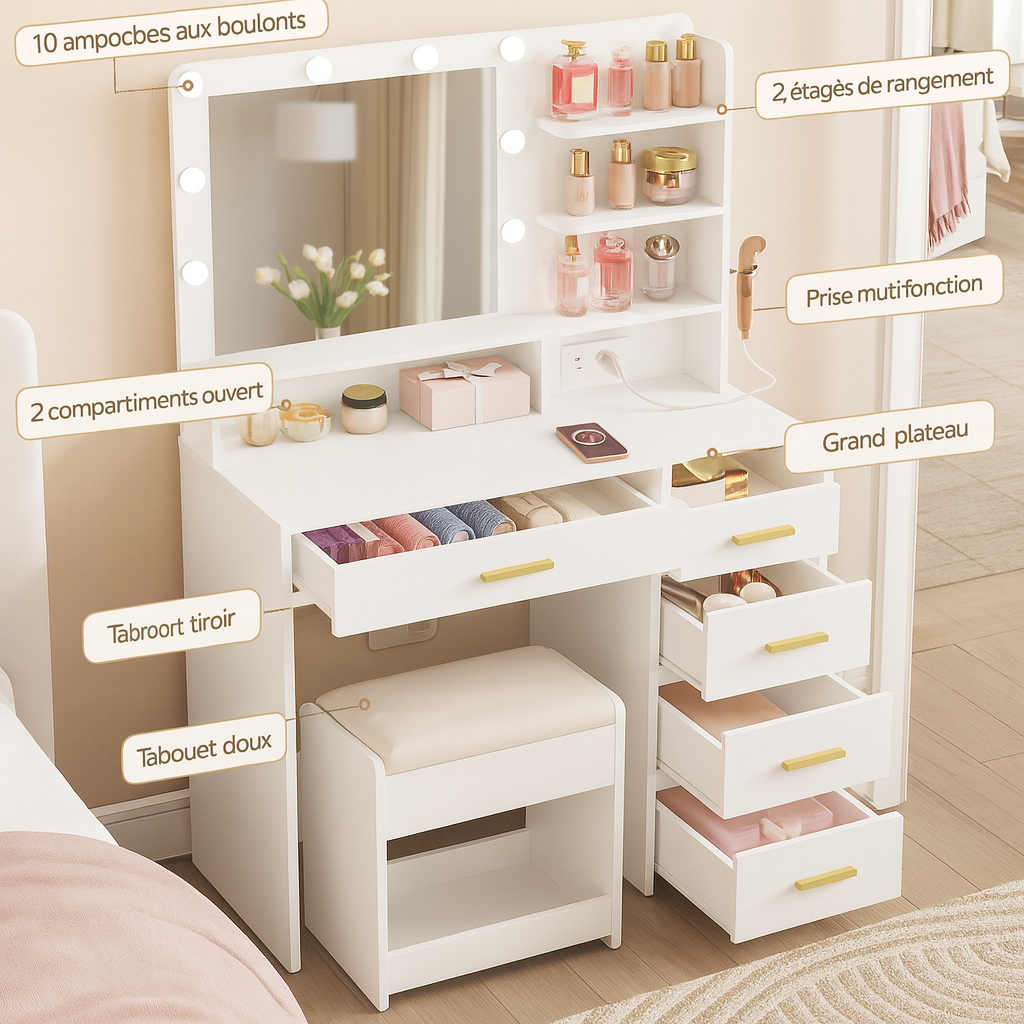 Coiffeuse blanche LED tiroirs design