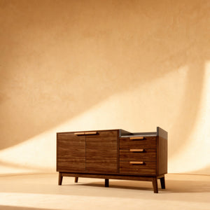 Buffet en chêne 120 cm avec plateau effet marbre et tiroirs