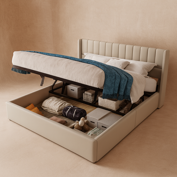 Hydraulic double bed in beige linen, 180x200 cm