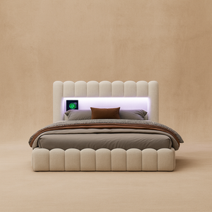 Beige gepolstertes Doppelbett mit LED-Beleuchtung und Stauraum