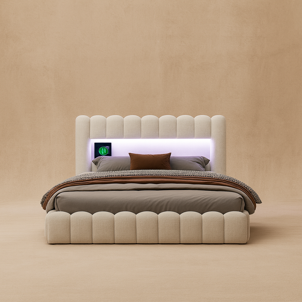 Lit double capitonné beige avec LED et rangement