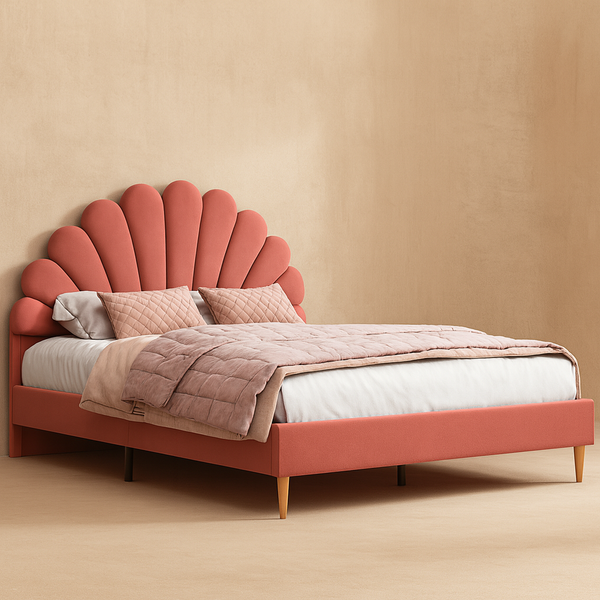 Gepolstertes Doppelbett in rosa Samt, 140 x 200 cm