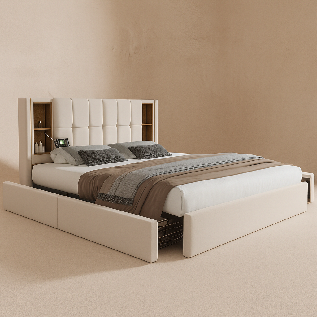 Lit double velours avec rangement 160x200 cm