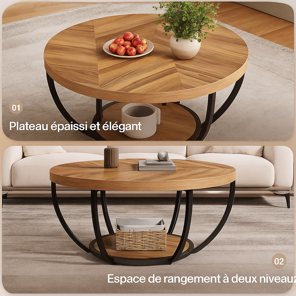 Table basse ronde bois et métal design