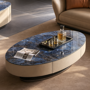 Table basse ovale marbre bleu design